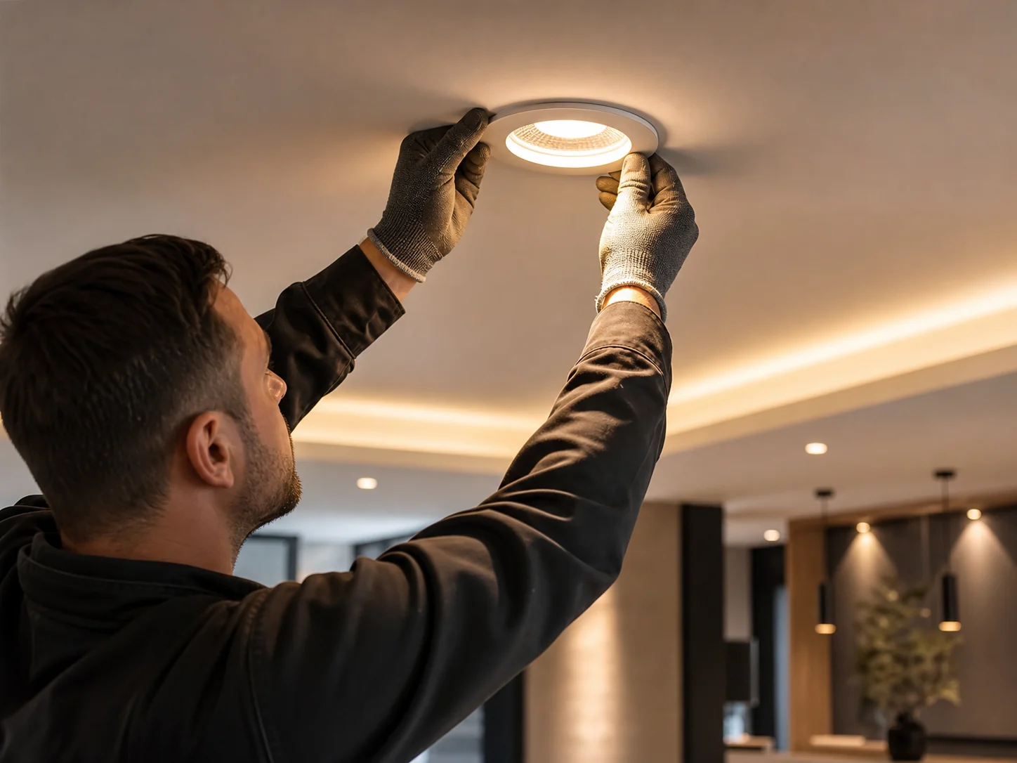 Montage einer modernen LED-Deckenleuchte in einem Wohnraum