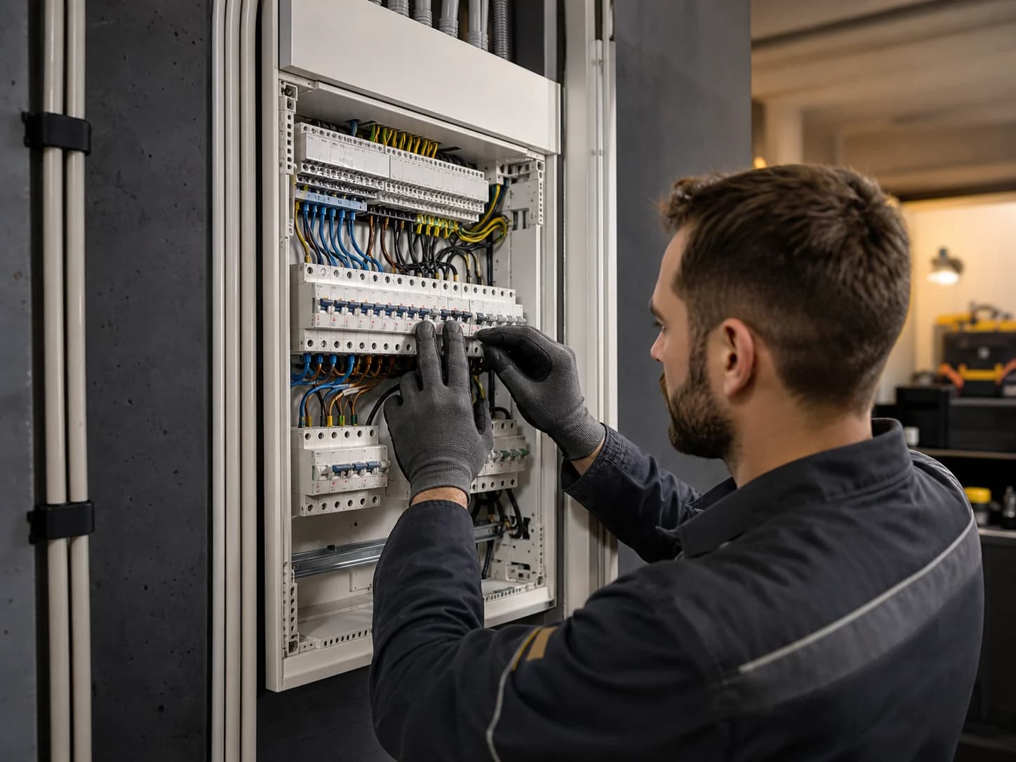 Professionelle Hausinstallation an einem geöffneten Sicherungsschrank